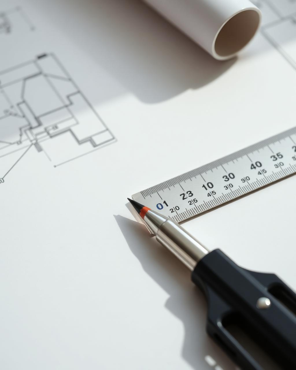 Architectural drafting tools on a clean white desk